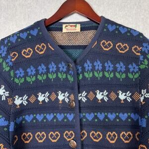 Astrifa Cardigan Sweater Women's Size 38 Cottagecore Floral Ducks Knit Casual